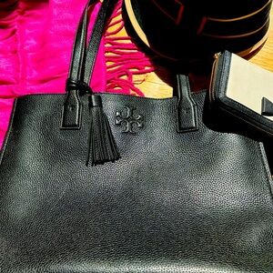 Tory Burch Black Pebbled Leather Tote with Tassel Detail